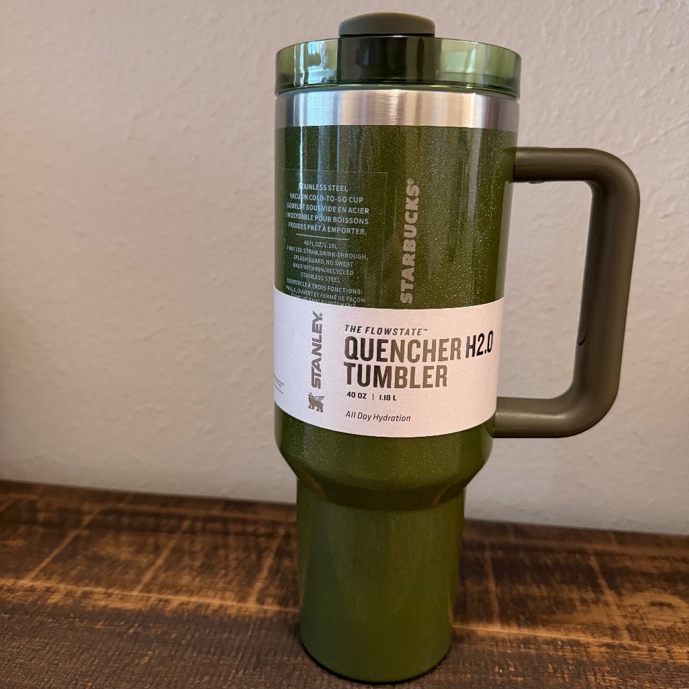 Stanley X Starbucks Olive Green Pearl 40oz Tumbler Glitter Fall Release 2024 Box